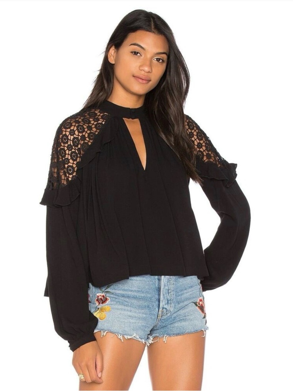 Free People Womens Black Shoulder Lace Long Sleeve Boho Blouse M